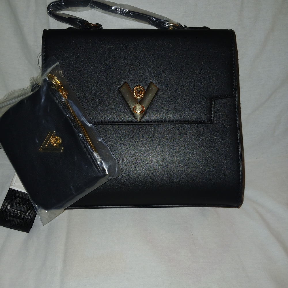 Valentino Orlandi Elegant Black and Gold Satchel Bag With Wide Crossbody Strap